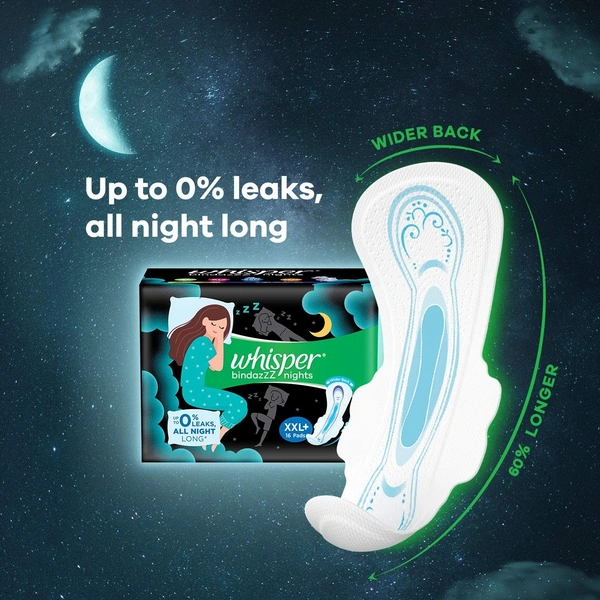 Whisper Bindazzz Night Koala Soft Sanitary Pads|Pack of 6 thin Pads|XXL+|upto 0% Leaks|60% Longer & wider back|Soft topsheet|36 cm Long|With disposable wrap 
