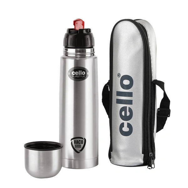 Cello Flipstyle Thermosteel Water Bottle with Jacket 1000ml, Silver | 24 Hours Hot and Cold | Double Walled | Vacuum Insulated Flip Lid Flask Bottle | Perfect for Water, Tea, Coffee & Cold Beverages - 1000 ML, Multi-color