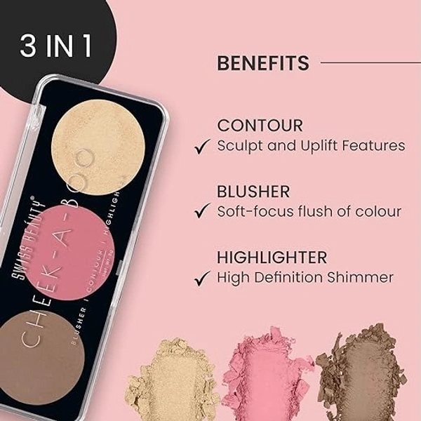 Swiss Beauty Cheek- A- Boo Face Palette With Blusher, Contour And Highlighter | Highly Pigmented And Easy To Blend Shades - 8 g
