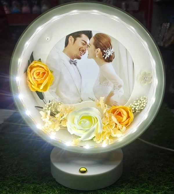Round Photo Frame with Elegant Lights and Roses | Heart Shape | Couple Design | Dashboard Frame | Gift Personalized | Tabletop | Multipurpose | Wedding Gift (White) - 24L x 18W Centimeters, White