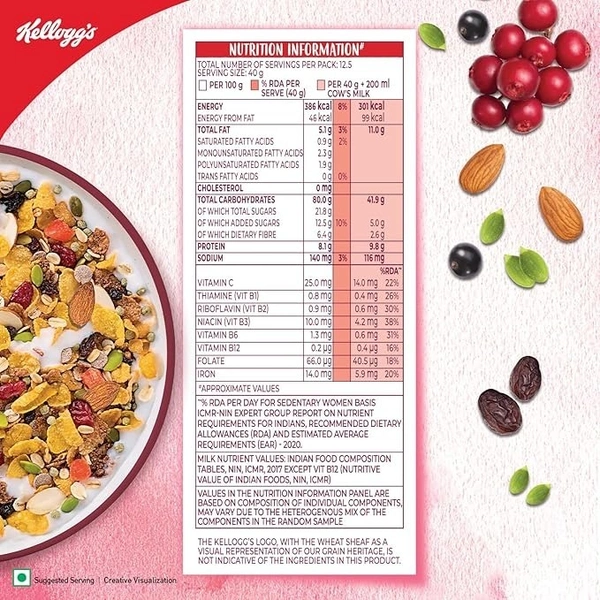 Kellogg's Muesli Fruit Nut & Seeds 500G | 12-In-1 Power Breakfast | India'S No. 1 Muesli | Multigrain Breakfast Cereal