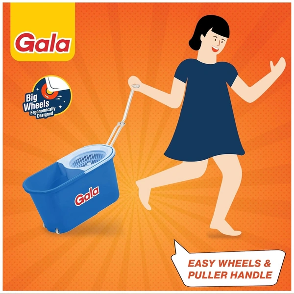 Gala Plastic Quick Spin Mop,Easy Wheels & Big Bucket With 2 Microfiber Refills, Floor Cleaning Mop With Bucket, Pocha For Floor Cleaning, Mopping Set(White And Blue)