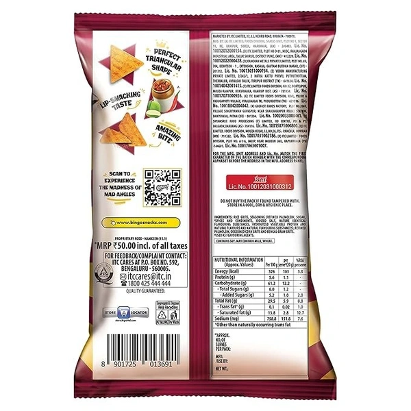 Bingo! Mad Angles Achaari Masti Mango Pickle Flavour Crunchy Triangle Chips Pack - 117g/130g