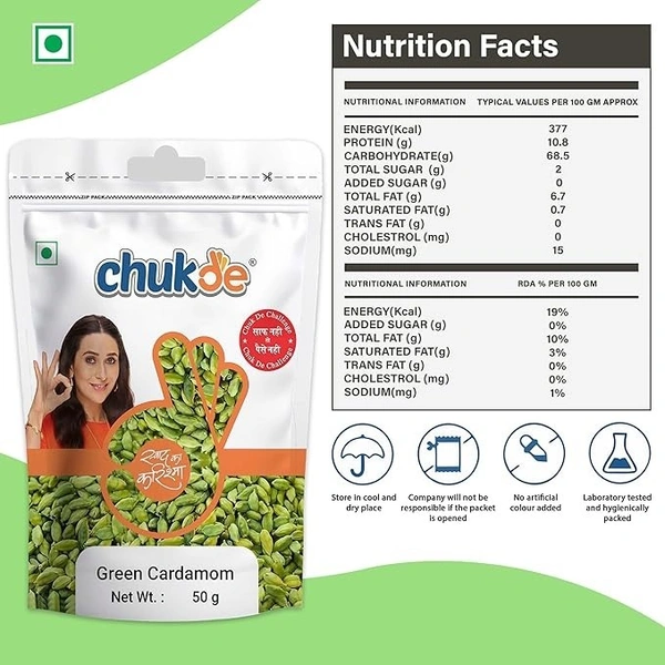 Chukde - Hari Elaichi (1.76 OZ) - Green Cardamom - Authentic Indian Spice - Bold Flavor & Fresh Aroma - Ideal for Tea, Desserts & Curry - Whole Spices - 50 Gram - 50g, Green