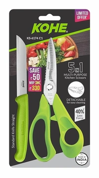 KOHE 5 in 1 Multi - Purpose Stainless Steel Detachable Kitchen Scissors with 1 Standard Non Serrated Classic Kitchen Knife | Kitchen Knife Set - 10 Centimetres, Multi-color