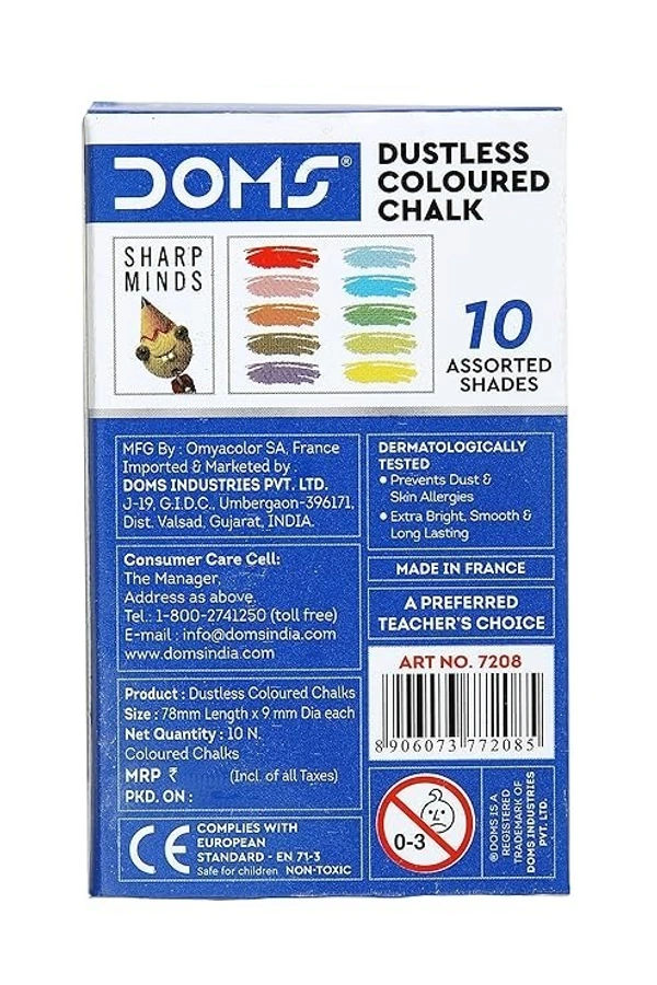 Doms Dustless Coloured Chalk Box Pack | Extra Bright, Smooth & Long Lasting | Soft & Anti-Scratch Writing | Non-Toxic & Safe To Use | Set of 10 Different Color Chalk | Pack of 1