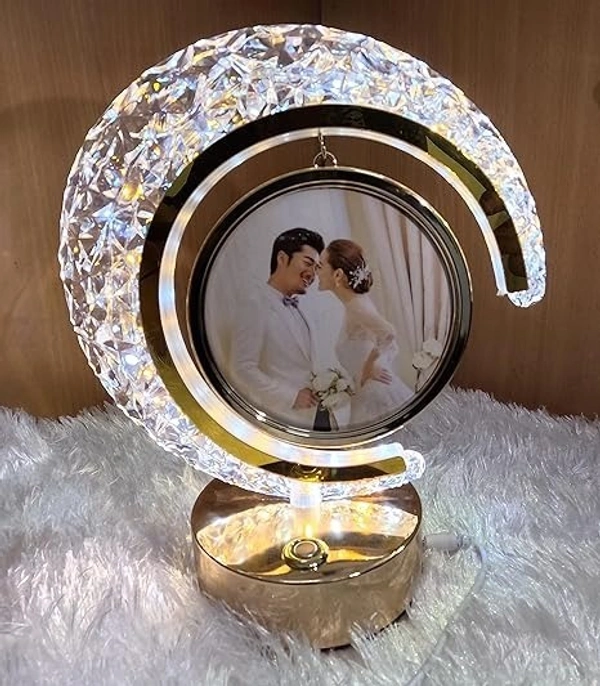 LED Crystal Moon LAMP Photo Frame for Gifting, Surprise and Anniversary Gifting Night Lamp - 22.5D x 22.5W x 24.5H Centimeters, GOLDEN