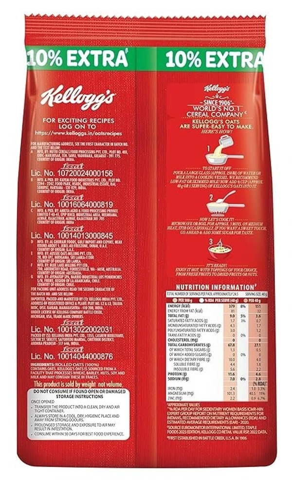 Kellogg's Oats, Rolled Oats, High in Protein and Fibre, Low in Sodium, 900gram/990gram Pack