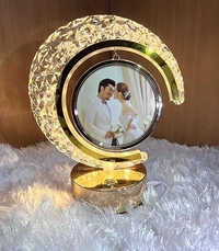 LED Crystal Moon LAMP Photo Frame for Gifting, Surprise and Anniversary Gifting Night Lamp - 22.5D x 22.5W x 24.5H Centimeters, GOLDEN