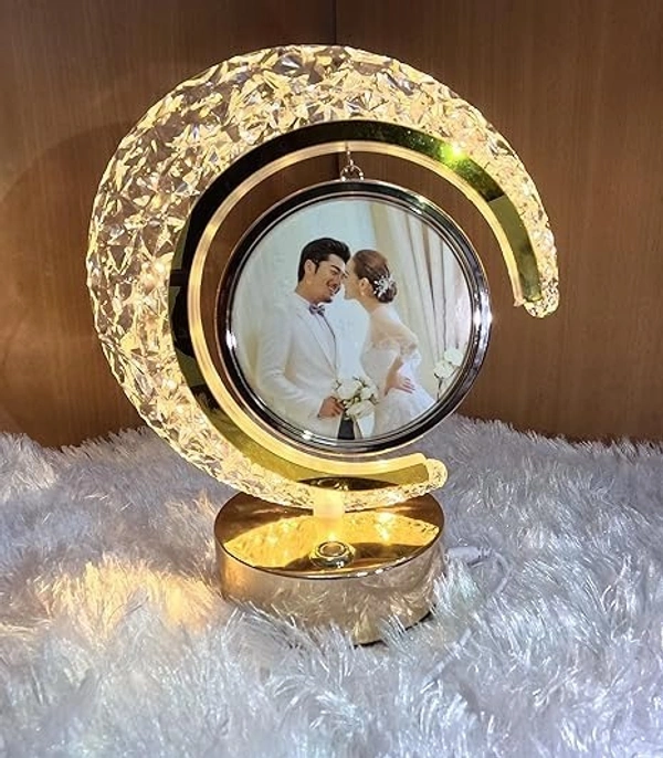 LED Crystal Moon LAMP Photo Frame for Gifting, Surprise and Anniversary Gifting Night Lamp - 22.5D x 22.5W x 24.5H Centimeters, GOLDEN