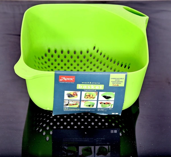 Apex Hard Plastic Vegetable Fruit Basket Rice Wash Sieve Washing Bowl - Green