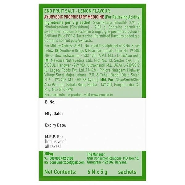 ENO Lemon Multipack Digestive Fruit Salt 30 gm ( Pack of 6 ) - 30g
