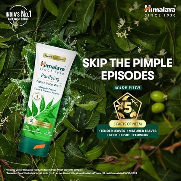Himalaya Purifying Neem Face Wash|Clears and Prevents Pimples & Acne|Made with 5 parts of Neem|New & Best Ever clinically Proven formula|Gently Cleanses|For men and women|100 ML 8901138512460