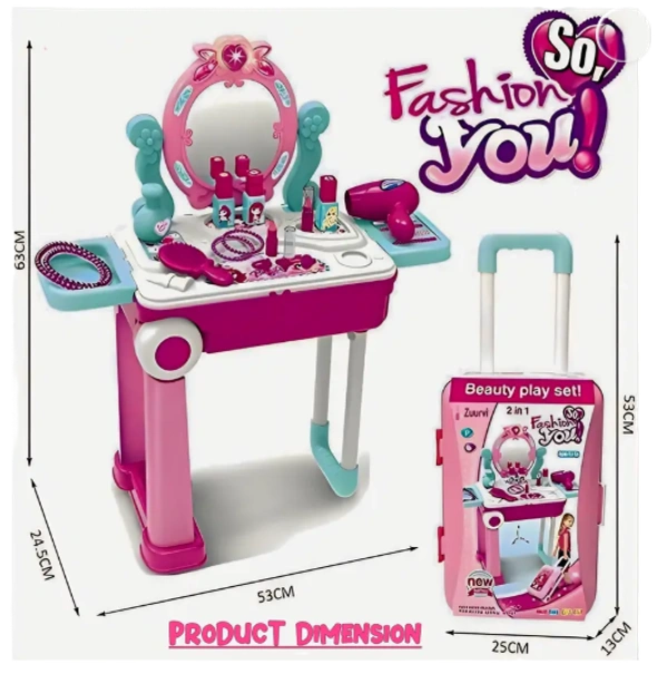 2 in 1 Beauty Kit Pretend Play Fashion Suitcase Trolley Set with Light & Music - 53*24.5*63 cm, Pink