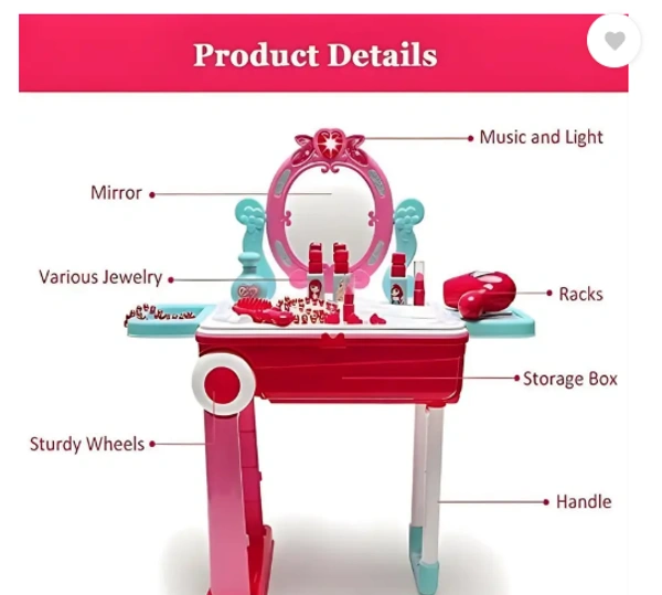 2 in 1 Beauty Kit Pretend Play Fashion Suitcase Trolley Set with Light & Music - 53*24.5*63 cm, Pink