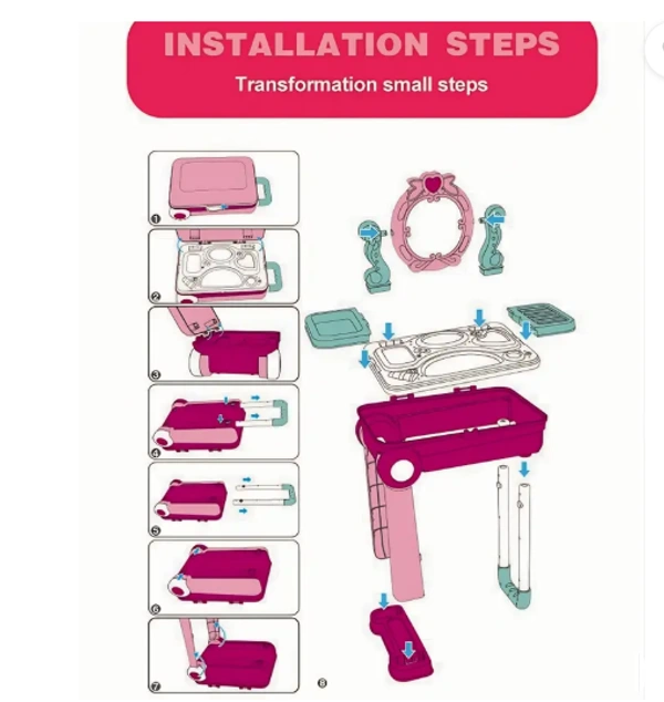 2 in 1 Beauty Kit Pretend Play Fashion Suitcase Trolley Set with Light & Music - 53*24.5*63 cm, Pink