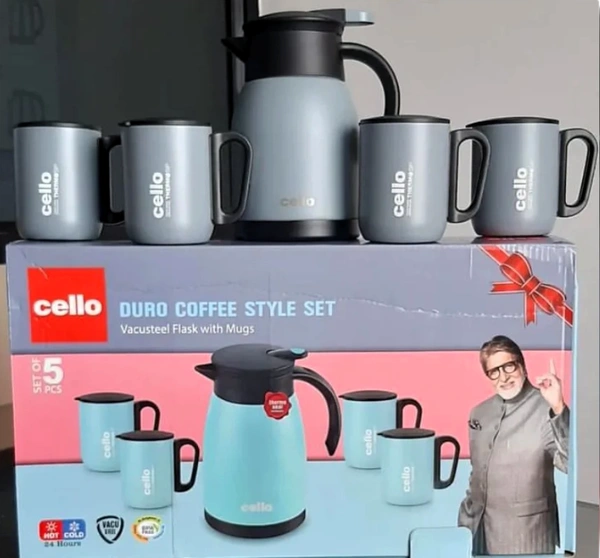Cello Duro Coffee Style Gift Set of 3 Pcs | Vacusteel Carafe | Hot and Cold Carafe | Double Walled Vaccum Insulation Tea/Coffee Pot | (1 Flask & 2 Mugs), Grey - 1 Flask*600 ML | 2 Mugs*230 ML, Grey