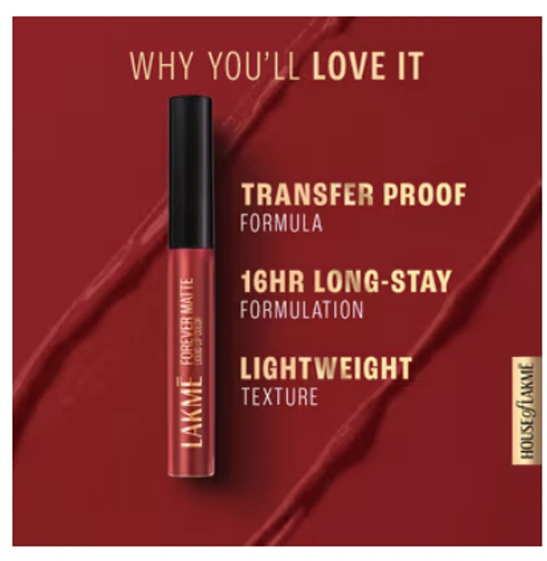 Lakme Forever Matte Liquid Lip Color, 16Hr Lipstick, Lightweight & Transferproof  - 6.5 ML, Crimson Rose