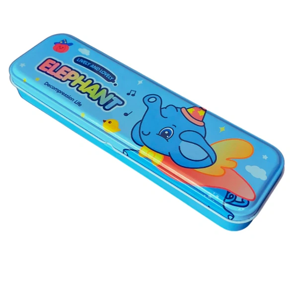 Cartoon Hardtop 2 Compartment Small Metal Pencil Box - Elephant Design - Blue