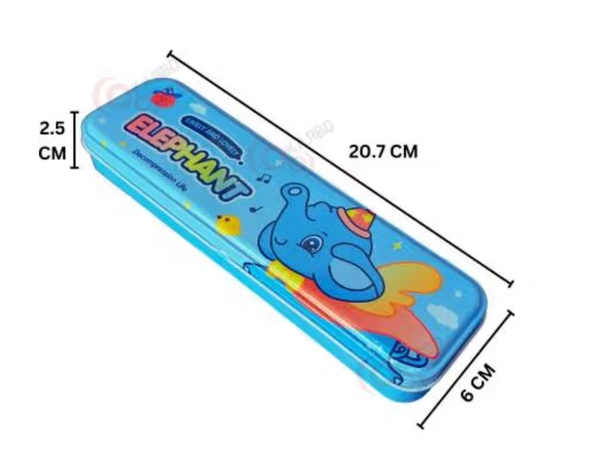 Cartoon Hardtop 2 Compartment Small Metal Pencil Box - Elephant Design - Blue