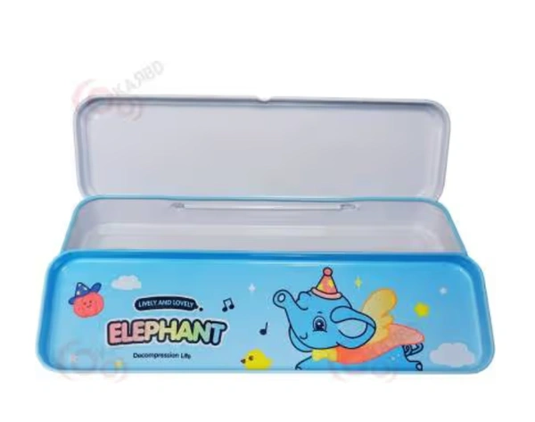 Cartoon Hardtop 2 Compartment Small Metal Pencil Box - Elephant Design - Blue