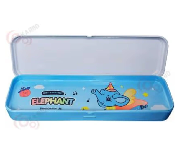 Cartoon Hardtop 2 Compartment Small Metal Pencil Box - Elephant Design - Blue