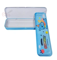 Cartoon Hardtop 2 Compartment Small Metal Pencil Box - Elephant Design - Blue