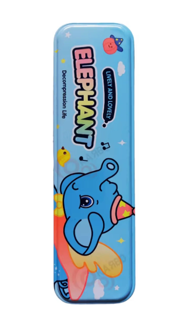 Cartoon Hardtop 2 Compartment Small Metal Pencil Box - Elephant Design - Blue