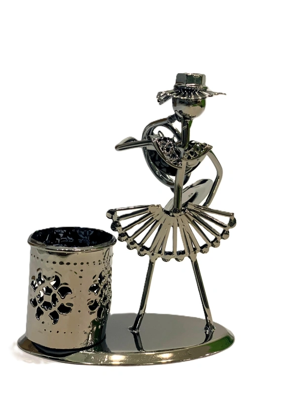Metal Pen Stand and Musician Figure Table Top Showpiece - 15*12 cm, Silver