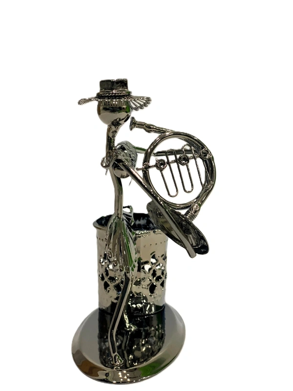 Metal Pen Stand and Musician Figure Table Top Showpiece - 15*12 cm, Silver