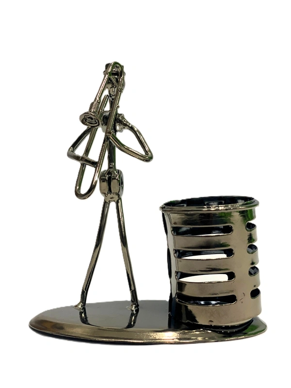 Dainty Metal Art Pen Stand Holder with Saxophone Artist Sculpture Pen Holder (FluteDesign) - 15*12 cm