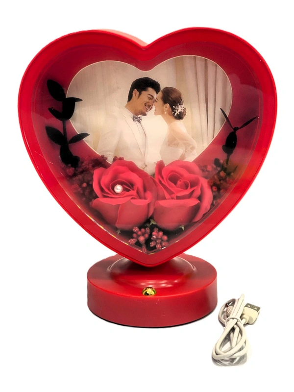 Heart Shaped Photo Frame with Elegant Lights and Roses | Heart Shape | Couple Design | Dashboard Frame | Gift Personalized | Tabletop | Multipurpose | Wedding Gift (White) - RED