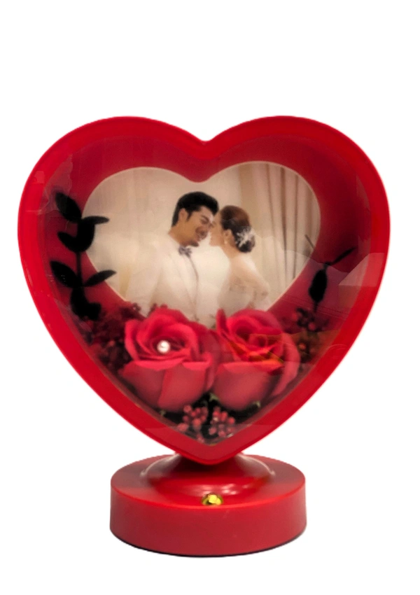 Heart Shaped Photo Frame with Elegant Lights and Roses | Heart Shape | Couple Design | Dashboard Frame | Gift Personalized | Tabletop | Multipurpose | Wedding Gift (White) - RED