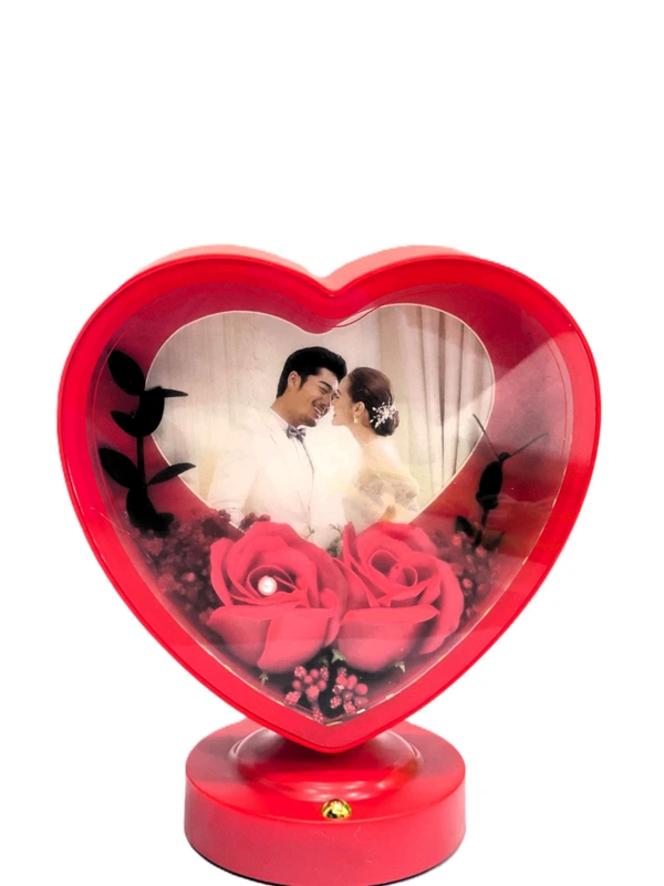 Heart Shaped Photo Frame with Elegant Lights and Roses | Heart Shape | Couple Design | Dashboard Frame | Gift Personalized | Tabletop | Multipurpose | Wedding Gift (White) - RED