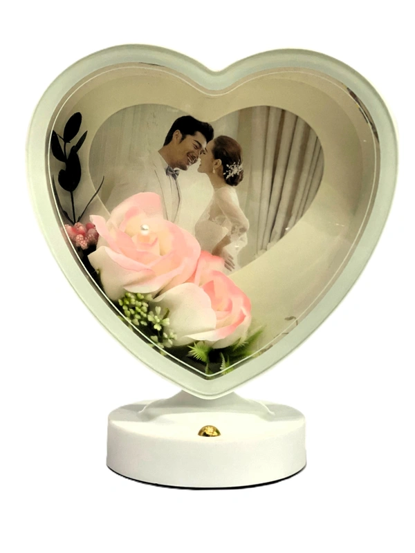 Heart Shaped Photo Frame with Elegant Lights and Roses | Heart Shape | Couple Design | Dashboard Frame | Gift Personalized | Tabletop | Multipurpose | Wedding Gift (White) - White