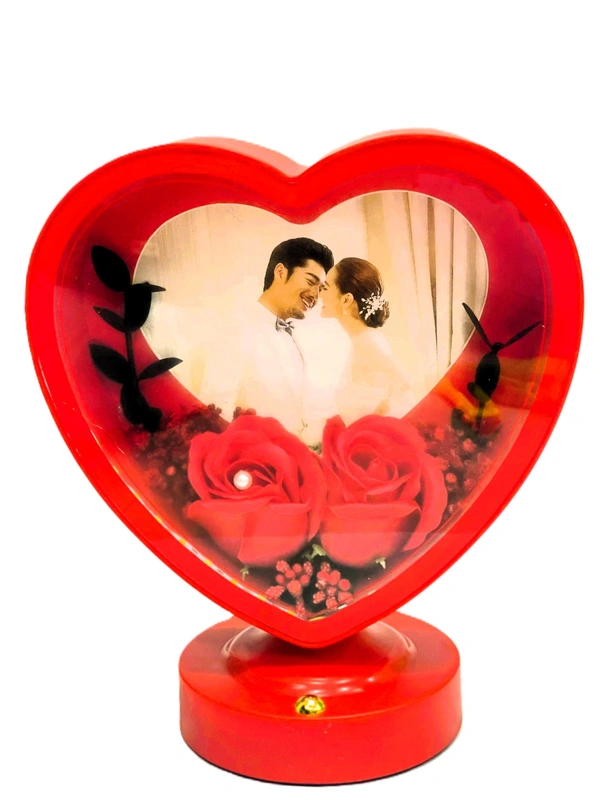 Heart Shaped Photo Frame with Elegant Lights and Roses | Heart Shape | Couple Design | Dashboard Frame | Gift Personalized | Tabletop | Multipurpose | Wedding Gift (White) - RED