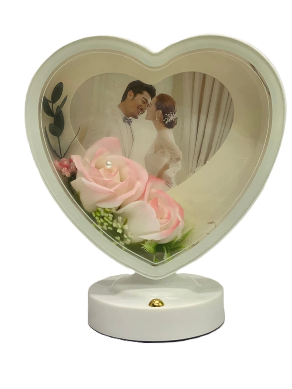 Heart Shaped Photo Frame with Elegant Lights and Roses | Heart Shape | Couple Design | Dashboard Frame | Gift Personalized | Tabletop | Multipurpose | Wedding Gift (White) - White