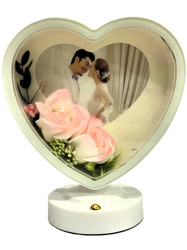 Heart Shaped Photo Frame with Elegant Lights and Roses | Heart Shape | Couple Design | Dashboard Frame | Gift Personalized | Tabletop | Multipurpose | Wedding Gift (White) - White