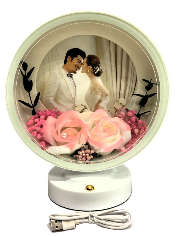 Round Photo Frame with Elegant Lights and Roses | Heart Shape | Couple Design | Dashboard Frame | Gift Personalized | Tabletop | Multipurpose | Wedding Gift (White) - 24L x 18W Centimeters, White