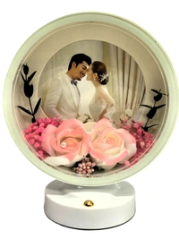 Round Photo Frame with Elegant Lights and Roses | Heart Shape | Couple Design | Dashboard Frame | Gift Personalized | Tabletop | Multipurpose | Wedding Gift (White) - 24L x 18W Centimeters, White