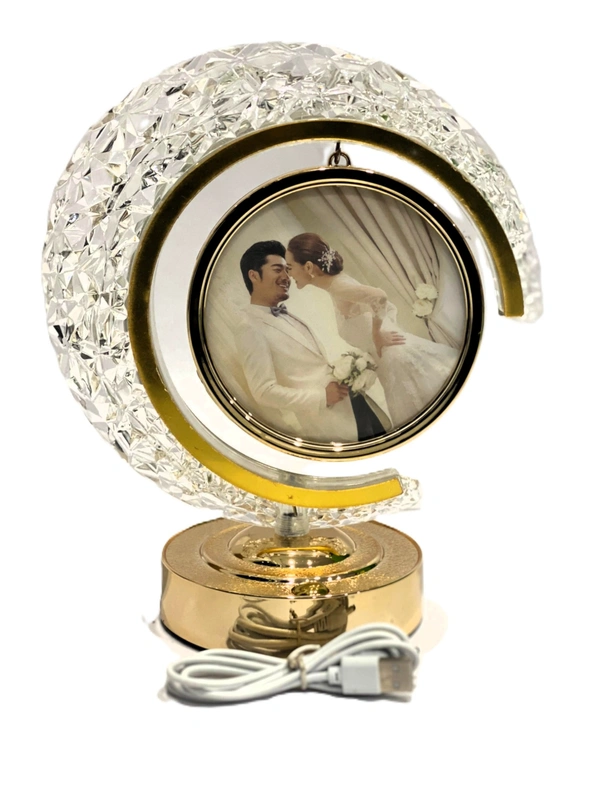 LED Crystal Moon LAMP Photo Frame for Gifting, Surprise and Anniversary Gifting Night Lamp - 22.5D x 22.5W x 24.5H Centimeters, GOLDEN