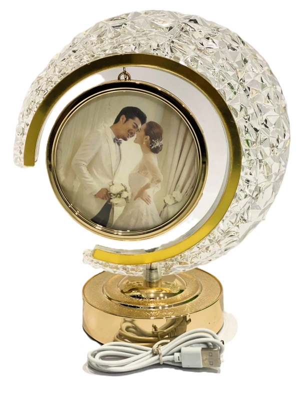 LED Crystal Moon LAMP Photo Frame for Gifting, Surprise and Anniversary Gifting Night Lamp - 22.5D x 22.5W x 24.5H Centimeters, GOLDEN