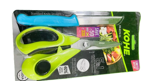 KOHE 5 in 1 Multi - Purpose Stainless Steel Detachable Kitchen Scissors with 1 Standard Non Serrated Classic Kitchen Knife | Kitchen Knife Set - 10 Centimetres, Multi-color