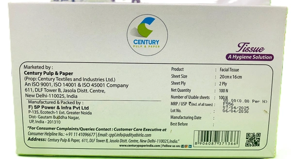 Century 2 Ply 100% Virgin Pulp Soft Facial Tissue Box | Car Tissue - 100 Pulls Per Roll - 20 * 16 cm, White
