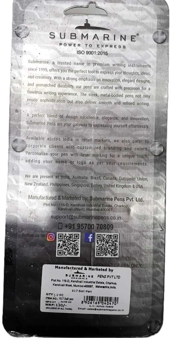 Submarine Point Pen BallpenWhite Brass Body 