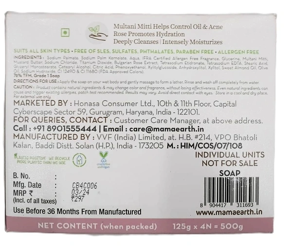 Mamaearth Multani Mitti Moisturizing Lotion Soap with Multani Mitti & Rose for Oil Control & Acne 125g (Pack of 4) | Benefits of Lotion in a Soap | Deeply Cleanses & Moisturizes | Grade 1 Acne Soap - 4*125G