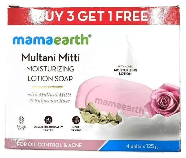 Mamaearth Multani Mitti Moisturizing Lotion Soap with Multani Mitti & Rose for Oil Control & Acne 125g (Pack of 4) | Benefits of Lotion in a Soap | Deeply Cleanses & Moisturizes | Grade 1 Acne Soap - 4*125G