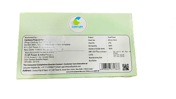 Century 2 Ply 100% Virgin Pulp Soft Facial Tissue Box | Car Tissue - 100 Pulls Per Roll - 20 * 16 cm, White