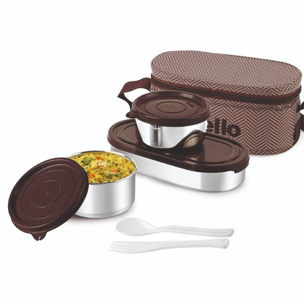CELLO Bite Buddy Lunch Box with Jacket | 3 Plastic Containers with Steel Inner | Microwave Safe & Leak Proof Containers | Full Meal and Easy to Carry | Brown - Brown