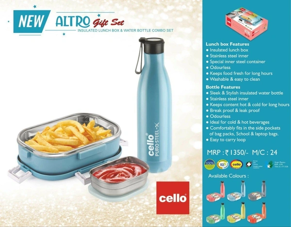 CELLO Altro Gift Set | Lunch Box with Airtight Lid with 4 Sided Lock (700 ml) & Puro Steel-X Neo 900, Cold Water Bottle with Inner Steel and Outer Plastic | Ideal for Office, College | Multi-color - Multi-color